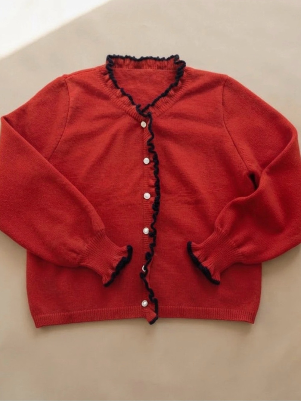 Red Black Ruffle Trim Cardigan Pearl Buttons Cottagecore Coquette